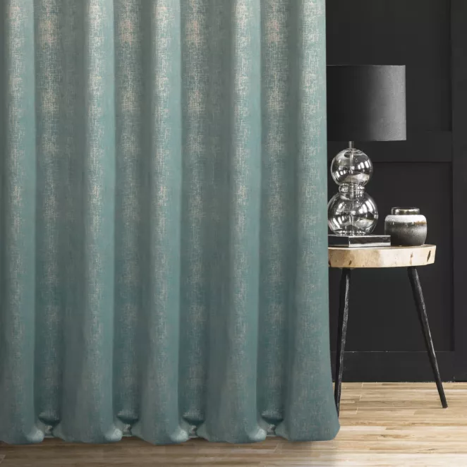 Zasłona szyta na taśmie fala turkusowo złota z miękkiej półmatowej tkaniny welwetowej z metalicznym nadrukiem