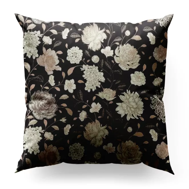 Poszewka szyta czarno beżowa z miękkiej, welwetowej tkaniny, z nadrukowanym dużym wzorem kwiatowym