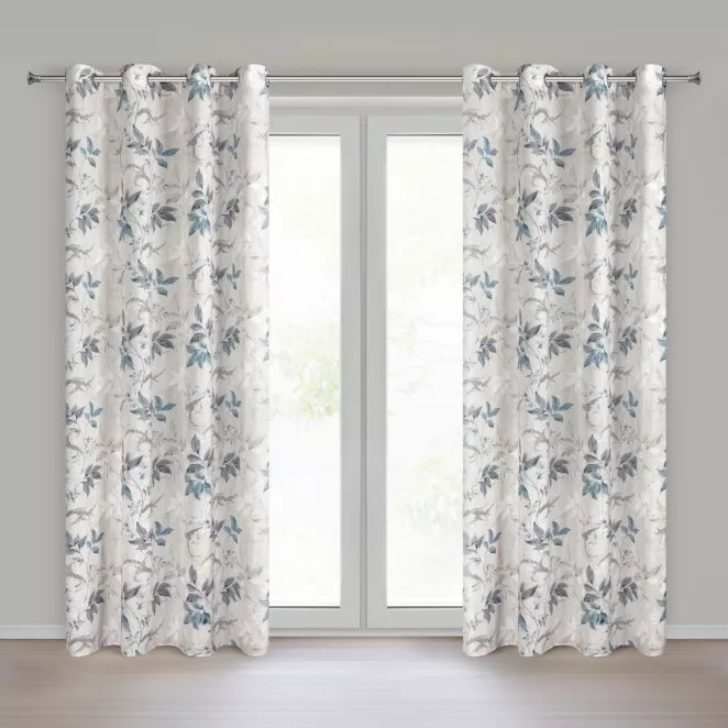 Zasłona naturalno, niebieska o naturalnym splocie zdobiona motywem roślinnym 140x250 cm przelotka - NICOLA Eurofirany