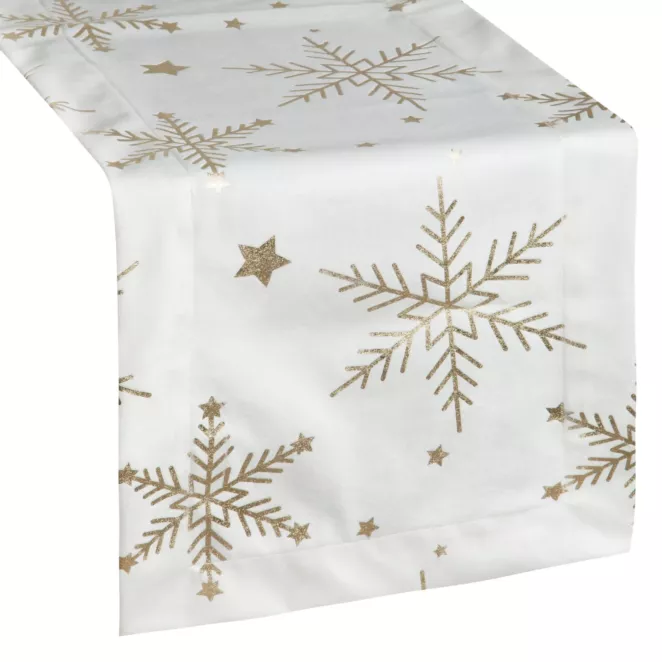 Bieżnik świąteczny 40x140 cm biało, szampański welwetowy zdobiony błyszczącym nadrukiem Eurofirany