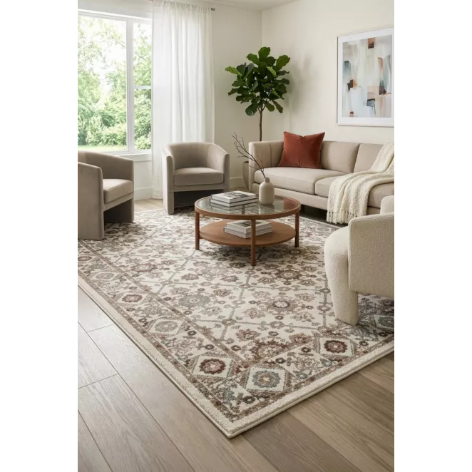 Dywan 140x190 cm kremowo, ceglasty w stylu vintage MONA Eurofirany