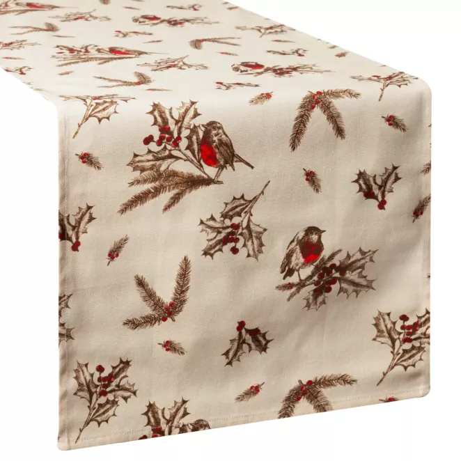 Bieżnik świąteczny 40x140 cm beżowo, brązowy bawełniany zdobiony zimowym nadrukiem MELODY Eurofirany