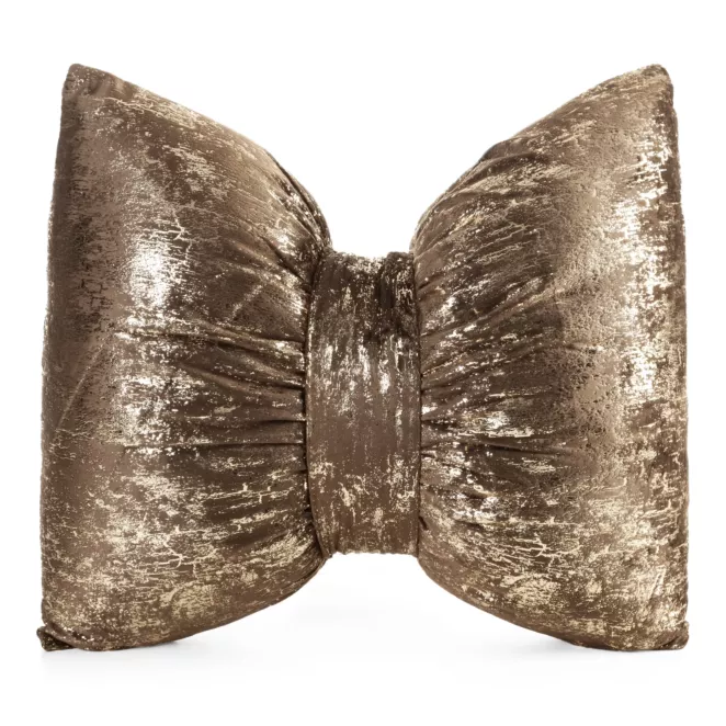 Poduszka 45x55 cm welwetowa kolor brązowy w kształcie kokardy z przecieranym lśniącym nadrukiem KODARDA 1 Eurofirany