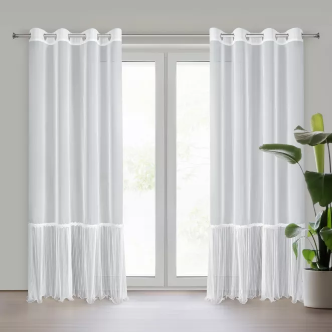 Firana biała z drobnej siateczki zdobiona plisowaniem i koronką 140x250 cm przelotka - HANA Eurofirany