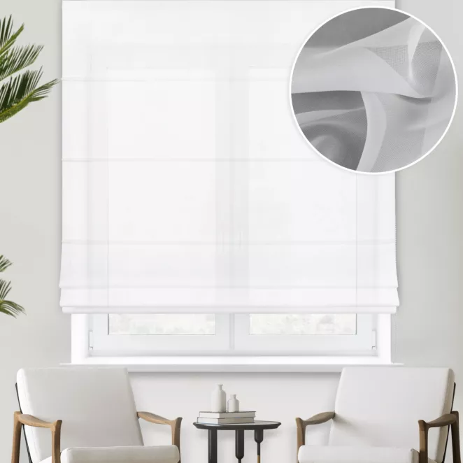 Roleta rzymska jasnokremowa z delikatnej, miękkiej w dotyku żorżety, wykończonej obciążnikiem