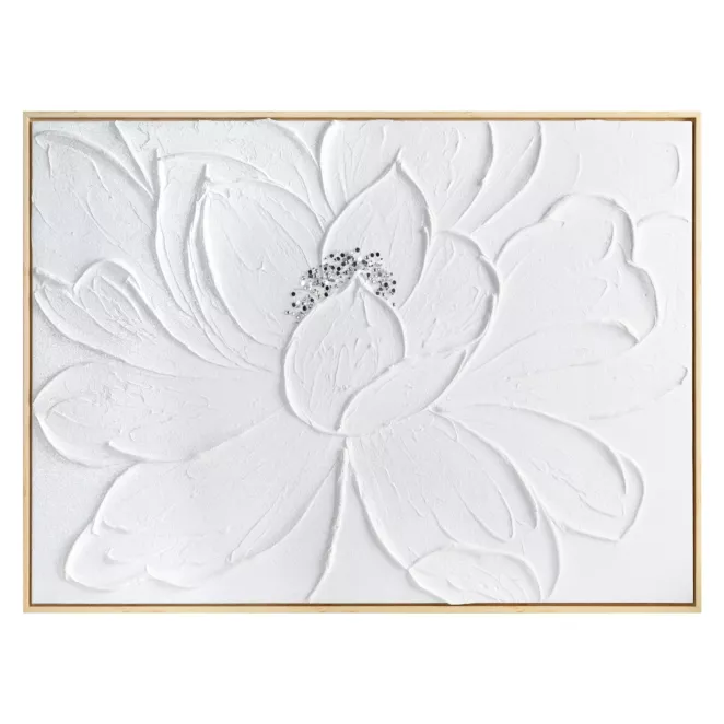 Obraz biały ręcznie malowany trójwymiarowy kwiat zdobiony kryształkami 60x90 cm Eurofirany