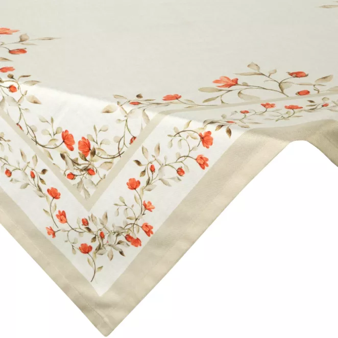 Obrus na stół  90x90 cm kremowo, ciemnopomarańczowy zdobiony letnim nadrukiem SUMMER 17 Eurofirany