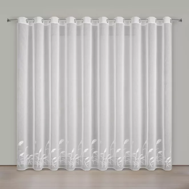 Firana biała z etaminy zdobiona haftem w źdźbła ozdobnej trawy 400x250 cm przelotka - TASHA Eurofirany