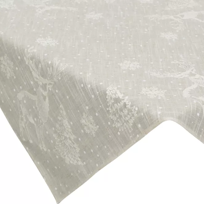 Obrus świąteczny 85x85 cm beżowy o strukturze lnu zdobiony delikatnym nadrukiem Eurofirany