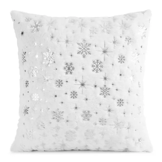 Poszewka na poduszkę świąteczna 45x45 cm biało, srebrna z przyjemnego futerka zdobiona nadrukiem śnieżynek Eurofirany