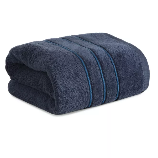 Ręcznik kąpielowy 70x140 cm bawełniany kolor granatowy z welwetową bordiurą i kontrastującymi paseczkami 500 g/m2 SIBEL Eurofirany