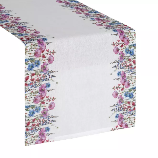Bieżnik na stół plamoodporny 40x140 cm biało, różowy z motywem wiosennych kwiatów - RUBY Eurofirany