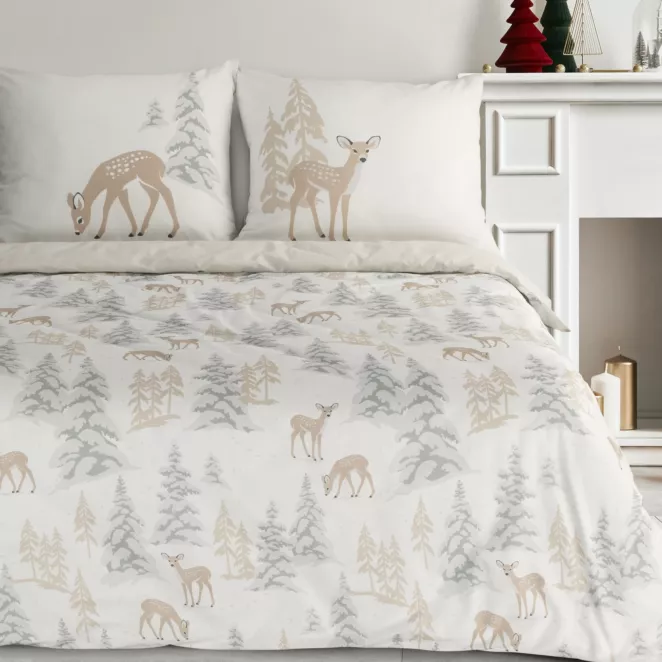 Pościel świąteczna 140x200 cm bawełna ranforce kolor biały, beżowy z nadrukiem sarenek FAWN Eurofirany