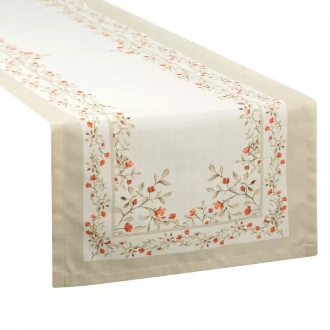 Bieżnik na stół 40x140 cm kremowo, ciemnopomarańczowy zdobiony letnim nadrukiem SUMMER 17 Eurofirany