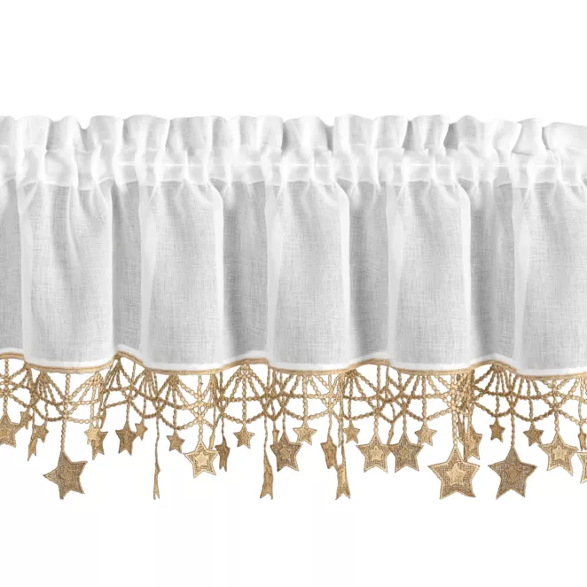 Zazdrostka świąteczna biało, złota z etaminy zdobiona luźno zwisającymi gwiazdkami 30x150 cm tunel - XMAS Eurofirany