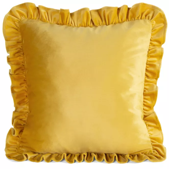 Poszewka na poduszkę 60x60 cm z aksamitnego welwetu zdobiona na brzegach falbanami musztardowa BRENDA EUROFIRANY PREMIUM