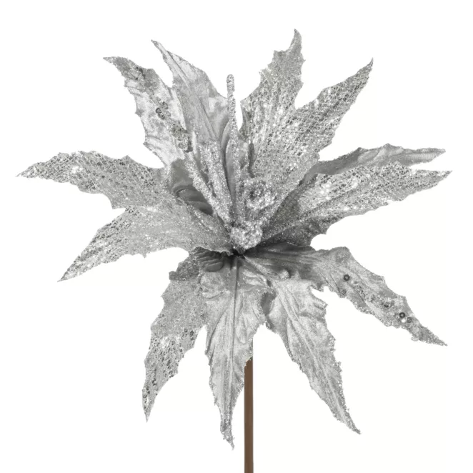 Srebrny kwiat dekoracyjny na choinkę z połyskiem 32 cm Eurofirany