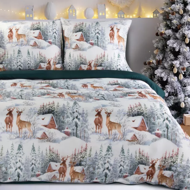 Pościel świąteczna 160x200 cm kolor biały, zielony zdobiona nadrukiem krajobrazu zimowego FAIRYLAND