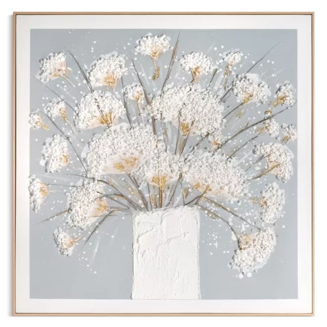 Obraz w kwiaty 3D kremowo, popielaty ręczni malowany na płótnie oprawiony w ramę 102x102 cm Eurofirany