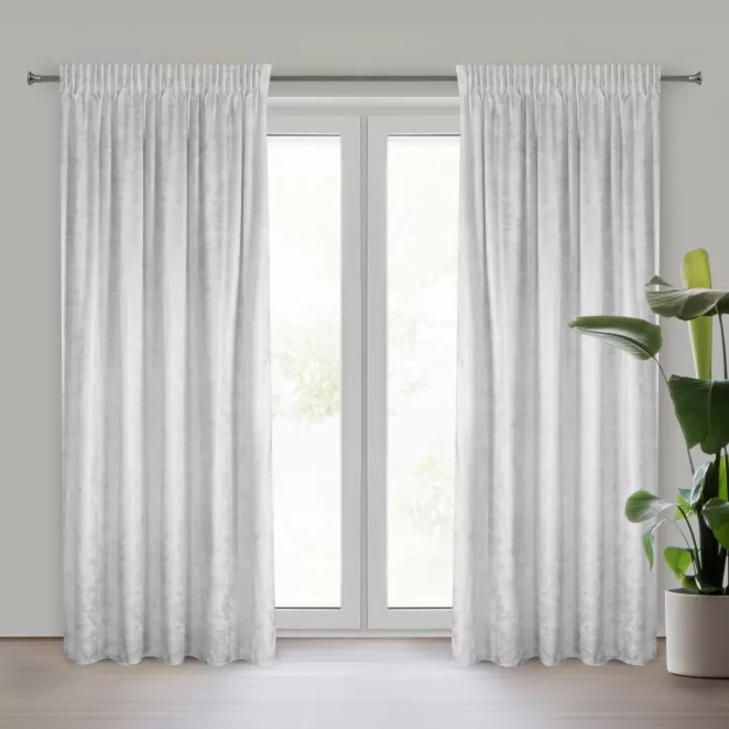 Zasłona biało, srebrna welwetowa z przecieranym błyszczącym nadrukiem 135x270 cm taśma - AVENA Eurofirany