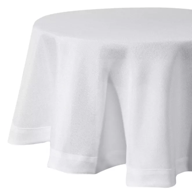 Obrus okrągły biały średnica 120 cm o płóciennym splocie BIANCA 1 z dodatkiem błyszczącej nici wykończony podwójną listwą na brzegach