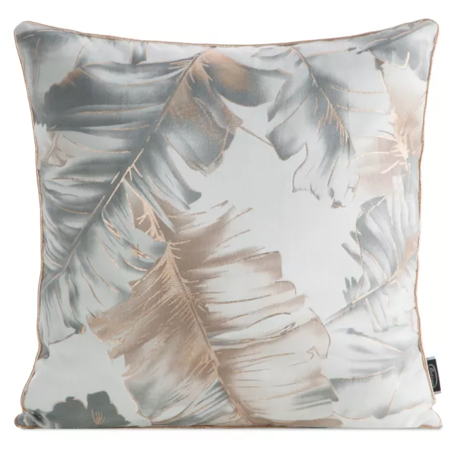 Poszewka na poduszkę 45x45 cm biało, srebrna z welwetu zdobiona nadrukiem liści i błyszczących dodatków LAYLA