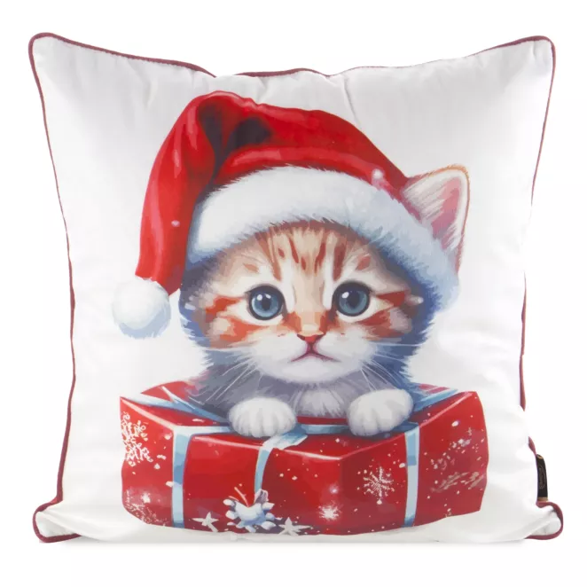 Poszewka na poduszkę świąteczna 45x45 cm biało, czerwona zdobiona uroczym nadrukiem kotka i elegancką wypustką Eurofirany