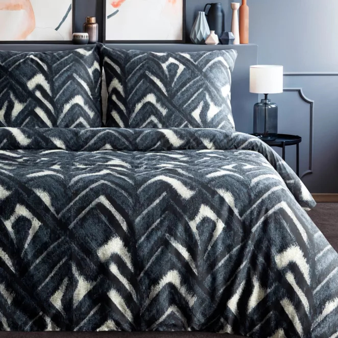 Pościel 160x200 cm z satyny bawełnianej kolor ciemnogranatowy, szarobeżowy z motywem geometrycznym SPRING 61 Eurofirany