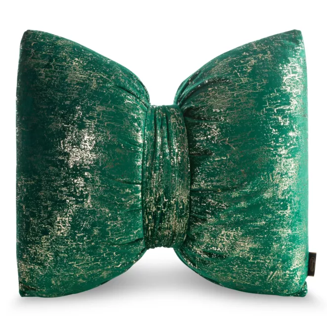 Poduszka 45x55 cm welwetowa kolor ciemnozielony w kształcie kokardy z przecieranym lśniącym nadrukiem KODARDA 1 Eurofirany