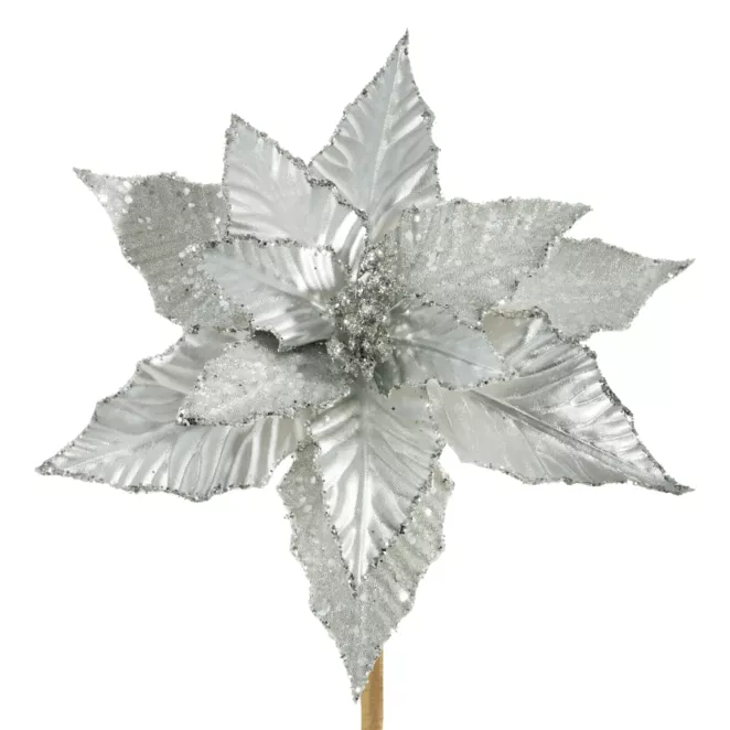 Srebrny kwiat dekoracyjny z welwetu wytłaczanego na choinkę 25 cm Eurofirany