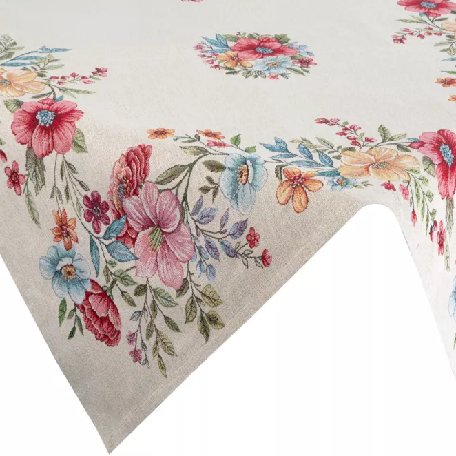 Obrus na stół naturalno, różowy 100x100 cm gobelinowy zdobiony motywem kwiatów Eurofirany
