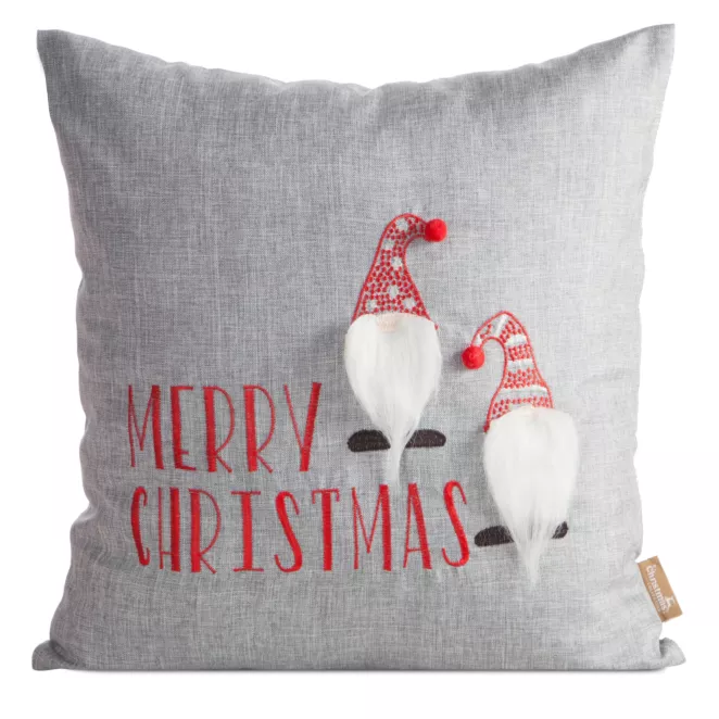Poszewka na poduszkę świąteczna 45x45 cm srebrno, czerwona zdobiona aplikacja małych skrzatów Eurofirany