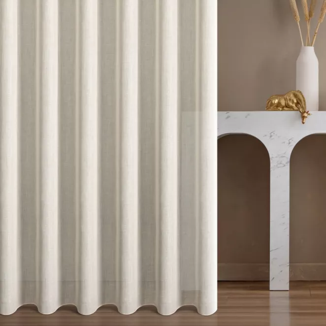 Firana szyta na taśmie fala beżowa z gładkiej matowej etaminy o naturalnym splocie