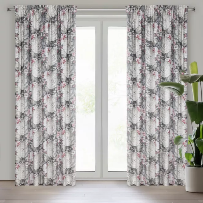 Zasłona kremowo, ciemnoróżowa zdobiona nadrukiem kwiatów z welwetu 140x270 cm taśma LUCIA Eurofirany