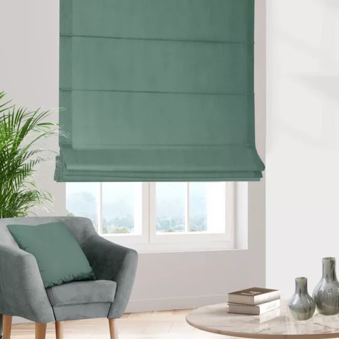 Roleta rzymska ciemnomiętowa z miękkiej półmatowej tkaniny welwetowej
