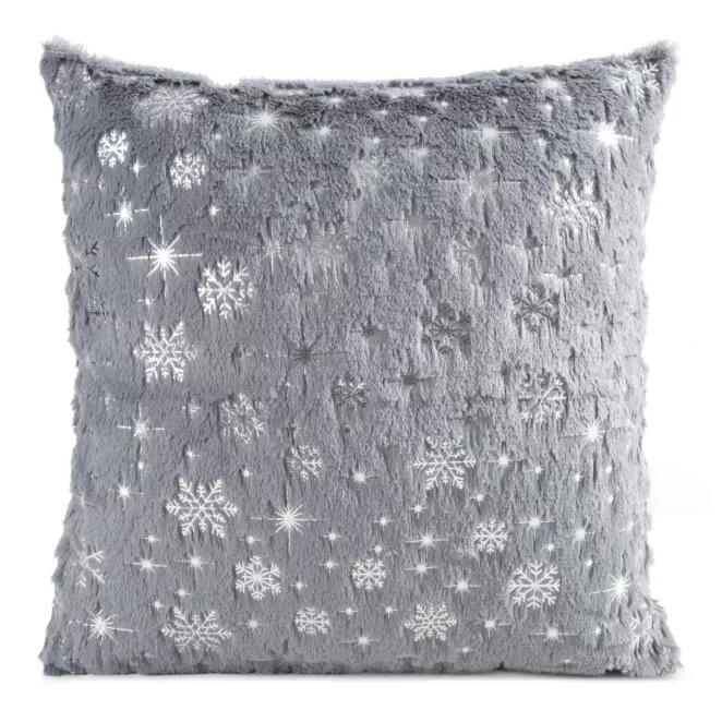 Poszewka na poduszkę świąteczna 45x45 cm stalowo, srebrna z przyjemnego futerka zdobiona nadrukiem śnieżynek Eurofirany