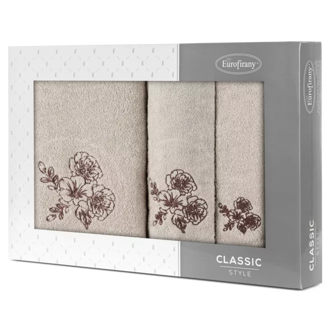 Zestaw ręczników bawełnianych 3 szt kolor beżowy, brązowy z haftem kwiatów 400 g/m2 MELANI Eurofirany