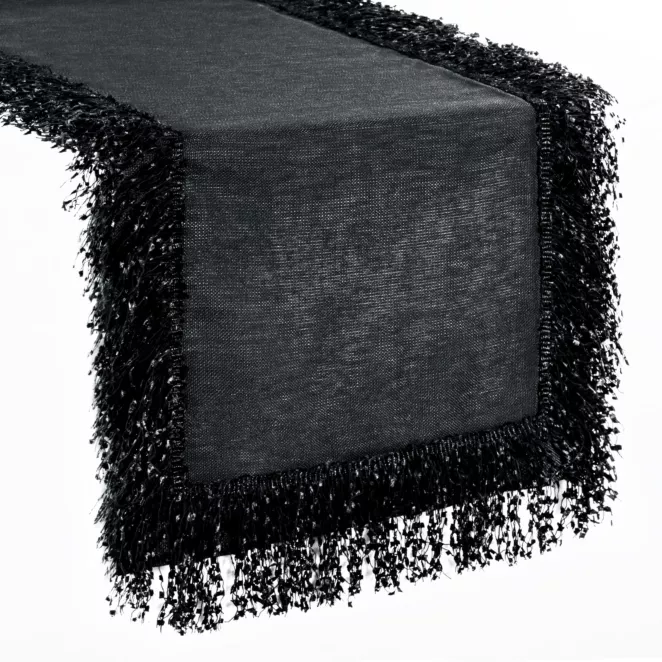 Bieżnik na stół czarny 40x140 cm JASPER zdobiony puszystymi frędzlami EUROFIRANY PREMIUM