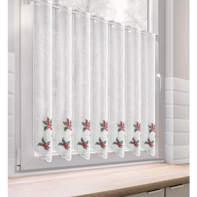 Tkanina firanowa zazdrostka z haftem świątecznym z motywem ostrokrzewu Eurofirany