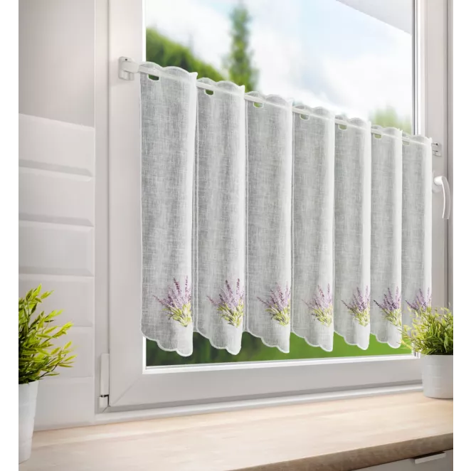 Tkanina firanowa zazdrostka z etaminy zdobiona haftem lawendy Eurofirany