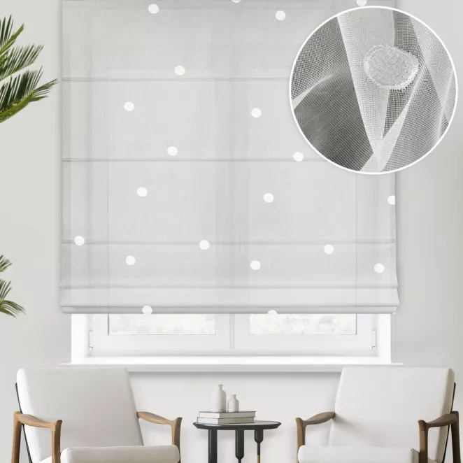 Roleta rzymska naturalna z matowej tkaniny ADEN haftowanej w duże grochy,wykończona obciążnikiem