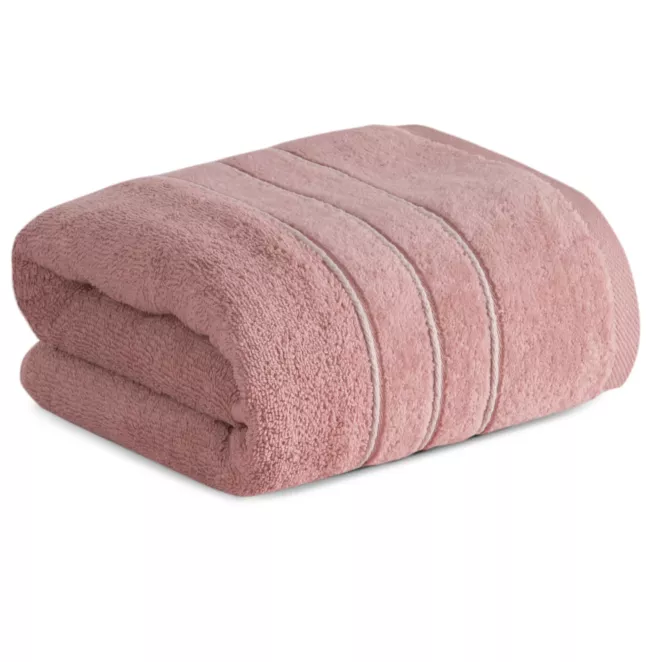 Ręcznik kąpielowy 70x140 cm bawełniany kolor pudrowy z welwetową bordiurą i kontrastującymi paseczkami 500 g/m2 SIBEL Eurofirany