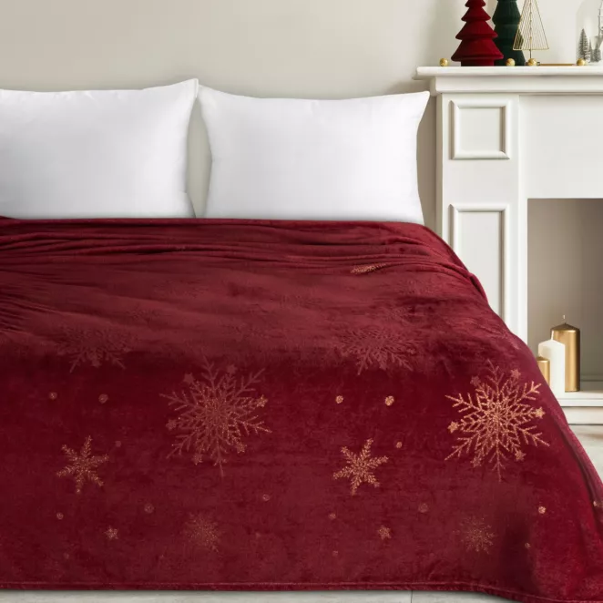 Koc świąteczny 150x200 cm bordowy, złoty zdobiony nadrukiem śnieżynek Eurofirany