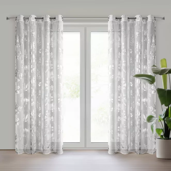 Firana biało, srebrna z etaminy zdobiona nadrukiem roślinnym 140x250 cm przelotki - DELIA Eurofirany