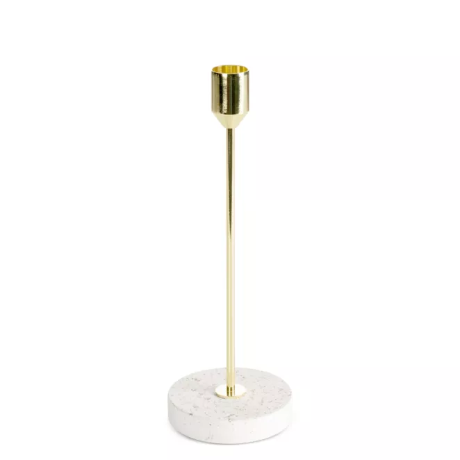 Świecznik dekoracyjny złoto, kremowy o smukłym uchwycie i kamiennej podstawie średnica 8x22 cm KORI Eurofirany