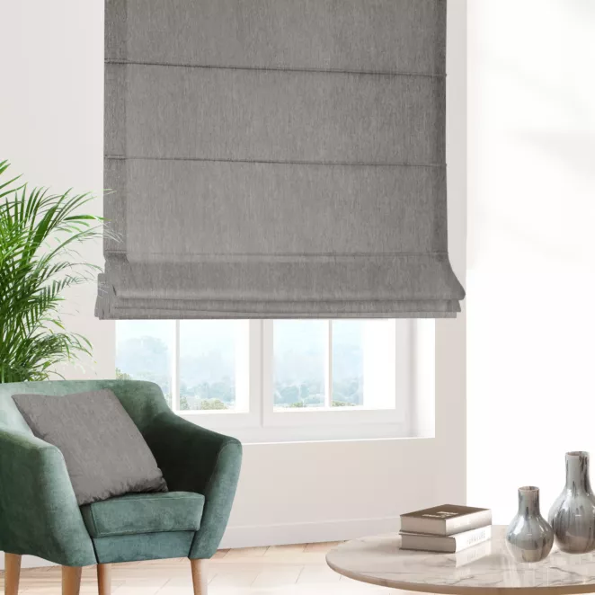 Roleta rzymska szara z miękkiej szenilowej tkaniny z efektem melanżu