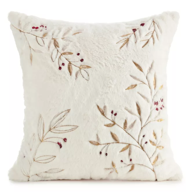 Poszewka na poduszkę świąteczna 45x45 cm kremowo, złota z przyjemnego futerka zdobiona haftem gałązek Eurofirany
