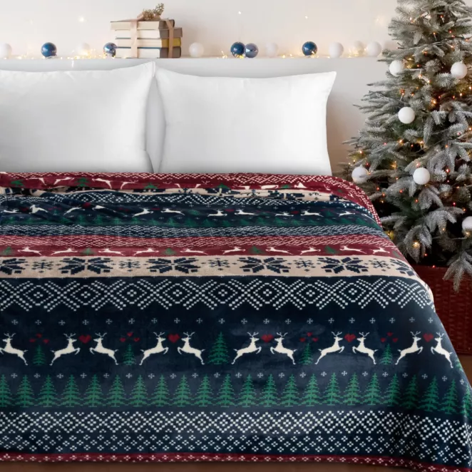 Koc świąteczny 150x200 cm  granatowo, bordowy zdobiony nadrukiem w stylu norweskim Eurofirany