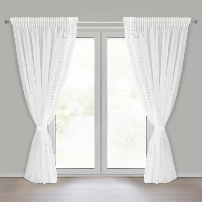 Komplet białych firan 2 szt zdobionych koronką z perełkami, troczek w zestawie 140x270 cm taśma LARISA Eurofirany