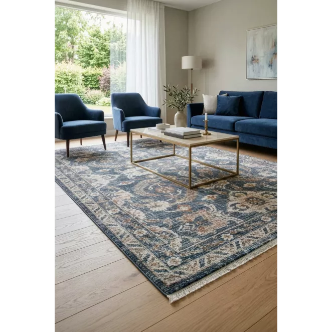 Dywan 60x100 cm ciemnoniebiesko, beżowy z klasycznym ornamentowym wzorem HAWAI2 Eurofirany